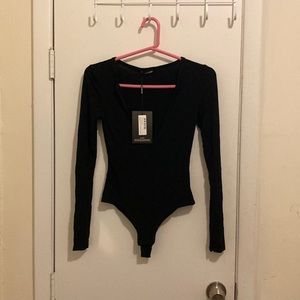 Sexy Black Jersey V Neck Long Sleeve Thong Bodysuit